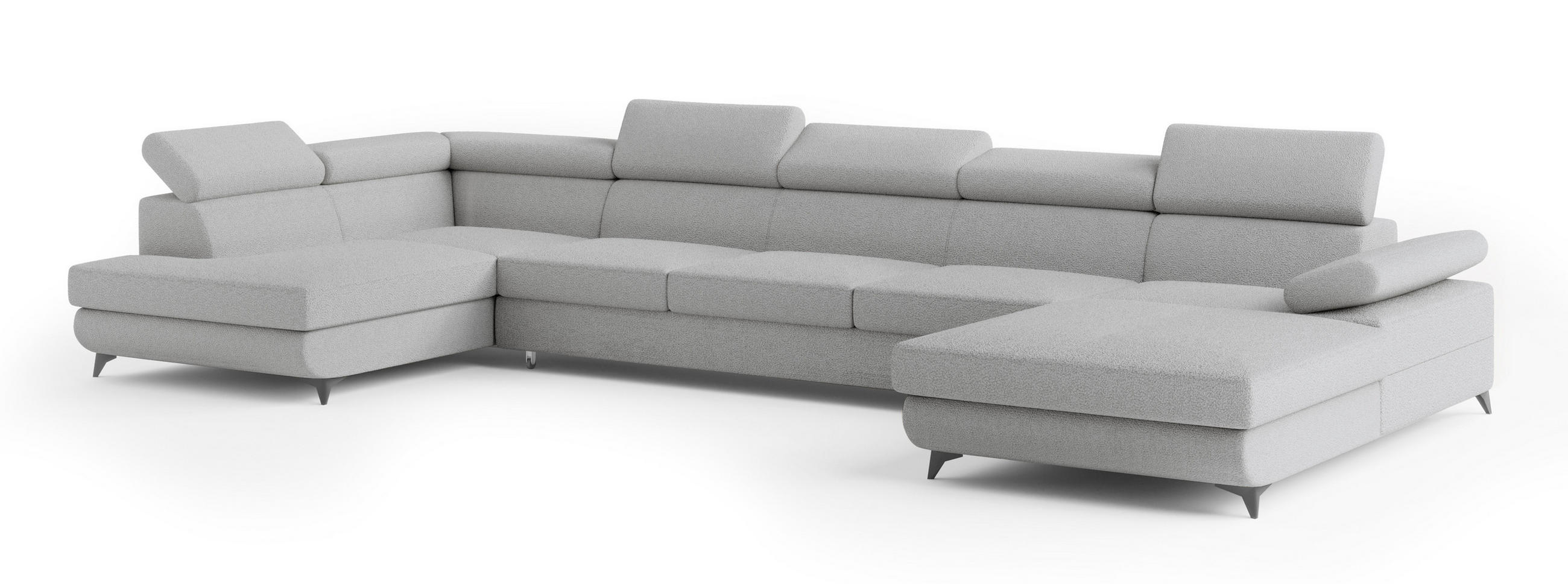 WOHNLANDSCHAFT MONTIVA Hellgrau Boucle-Stoff mit Schlaffunktion - Hellgrau, Holz (410/89/190cm) - MASSENO