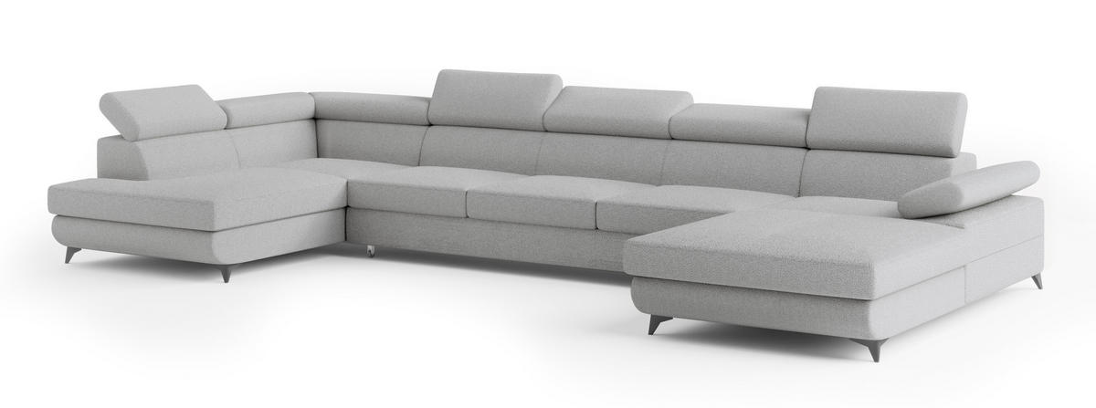 WOHNLANDSCHAFT MONTIVA Hellgrau Boucle-Stoff mit Schlaffunktion - Hellgrau, Holz (410/89/190cm) - MASSENO