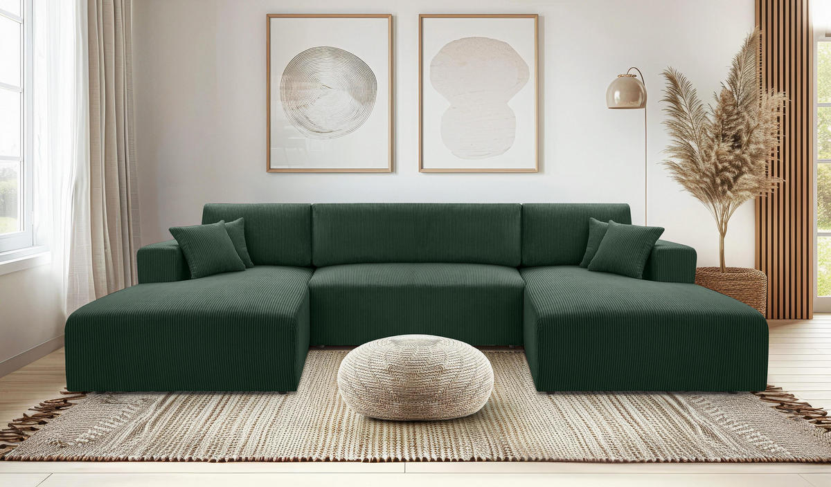 WOHNLANDSCHAFT Catea Grün 364/145/85 cm mit Schlaffunktion - Schwarz/Grün, Kunststoff/Textil (364/84/145cm) - AX Living