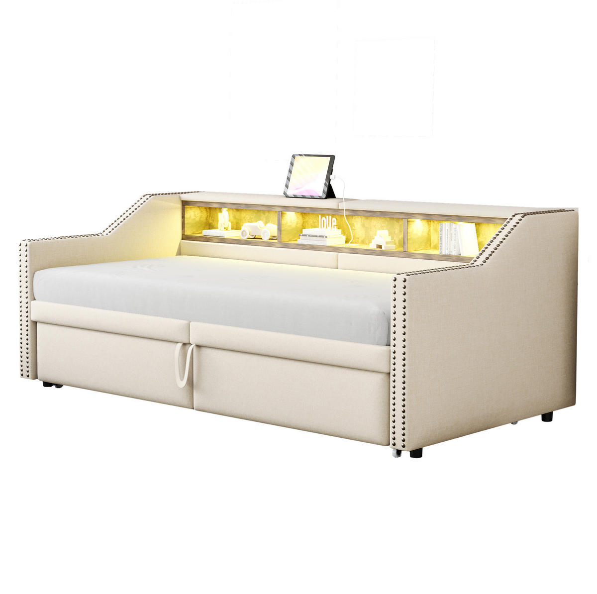 AUSZIEHBETT 90/180 x 200 cm in Beige mit LED-Beleuchtung und USB-Anschluss - Beige, Textil (90/200cm) - Flora Grace