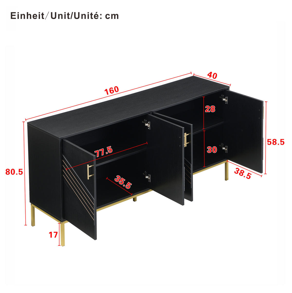 SIDEBOARD 160/40/80,5 cm in Schwarz mit 4 Türen und verstellbaren Einlegeböden - Schwarz, Holzwerkstoff (160/80.5/40cm) - Flora Grace