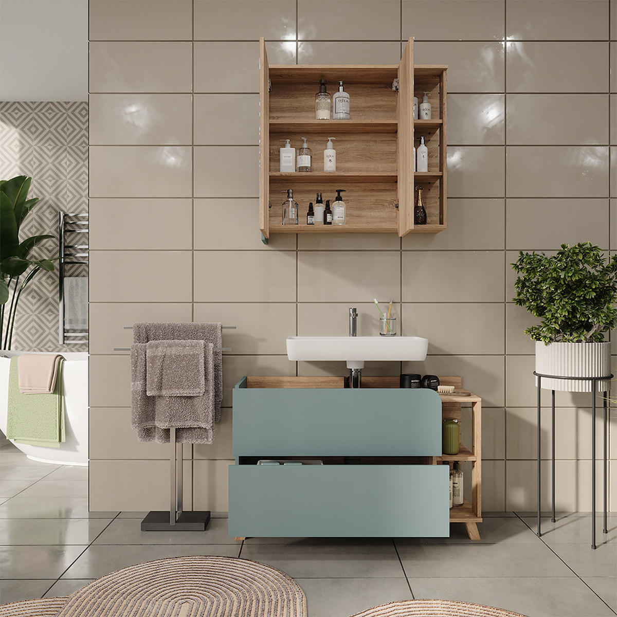 KOUPELNOVÝ NÁBYTEK Karen Sonoma/modrá - Sonoma dub/tmavě modrá, kompozitní dřevo (100/65/35cm) - Vicco