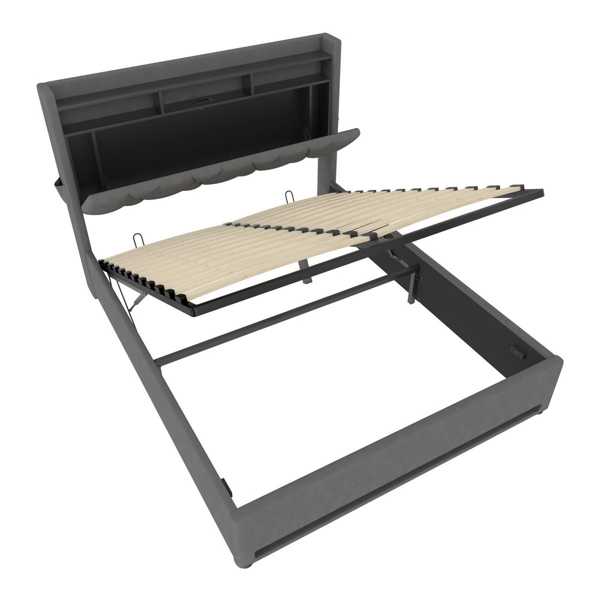 POLSTERBETT 140/200 cm mit LED-Beleuchtung, USB- und Type-C-Anschluss, Stauraum-Kopfteil und Bettkasten, Dunkelgrau - Dunkelgrau, Textil (140/200cm) - Redom