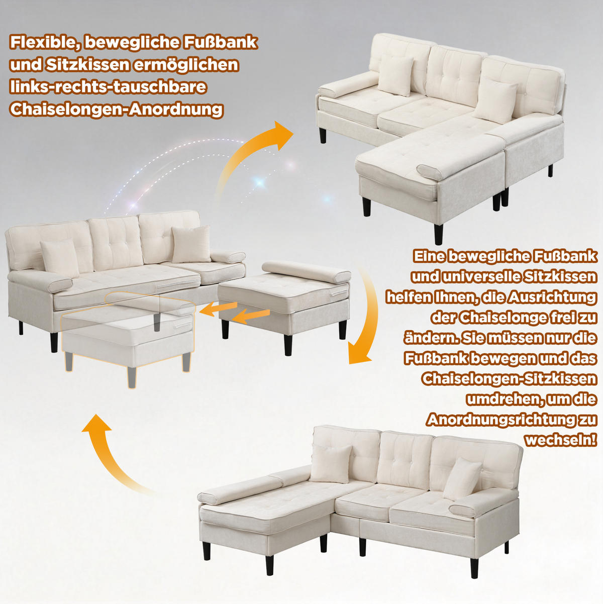 ECKSOFA 195/149/86 cm hellbeige aus Chenille mit Fußbank - Beige, Textil (149/195cm) - OKWISH