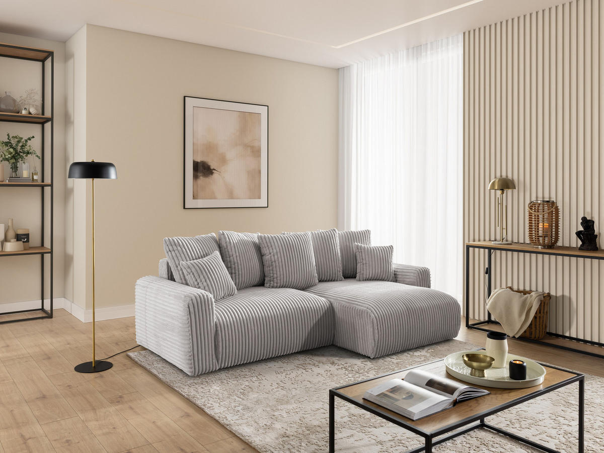 ECKSOFA Calma mit Schlaffunktion und Bettkasten im Bumpy-Design aus weichem Hellgrau Plüschcord - Ottomane rechts - Hellgrau/Schwarz, Holz/Kunststoff (140/239cm) - S-Style