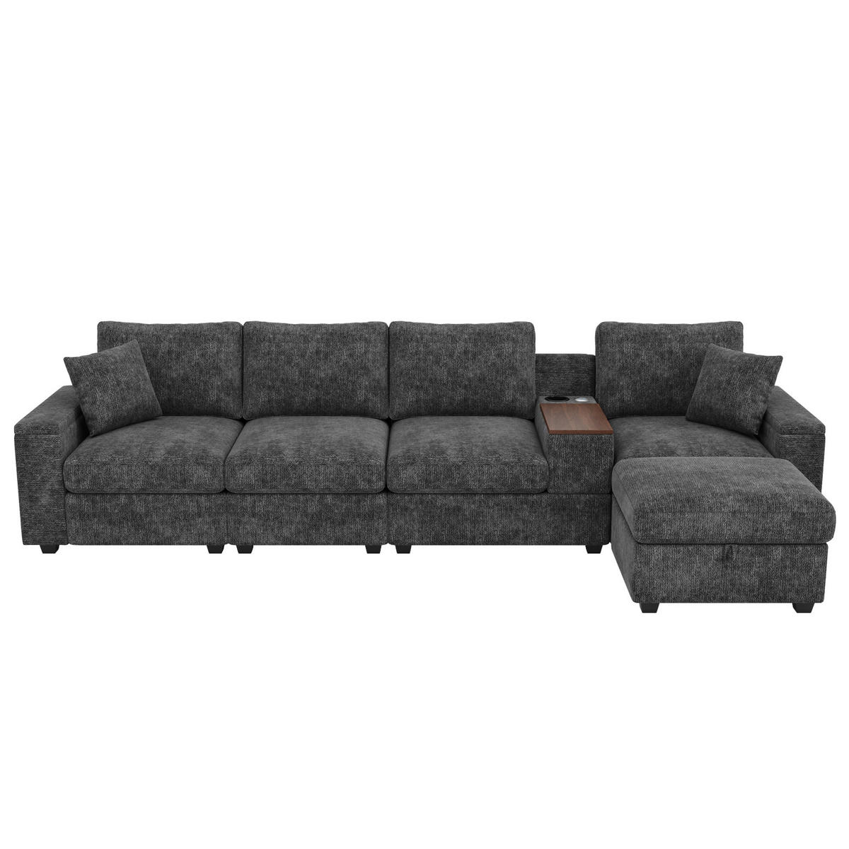 ECKSOFA 313/147/82 cm aus Chenille mit Stauraum, USB/Typ-C und drehbarem Couchtisch Grau - Grau, Textil (147/313cm) - Modenvie