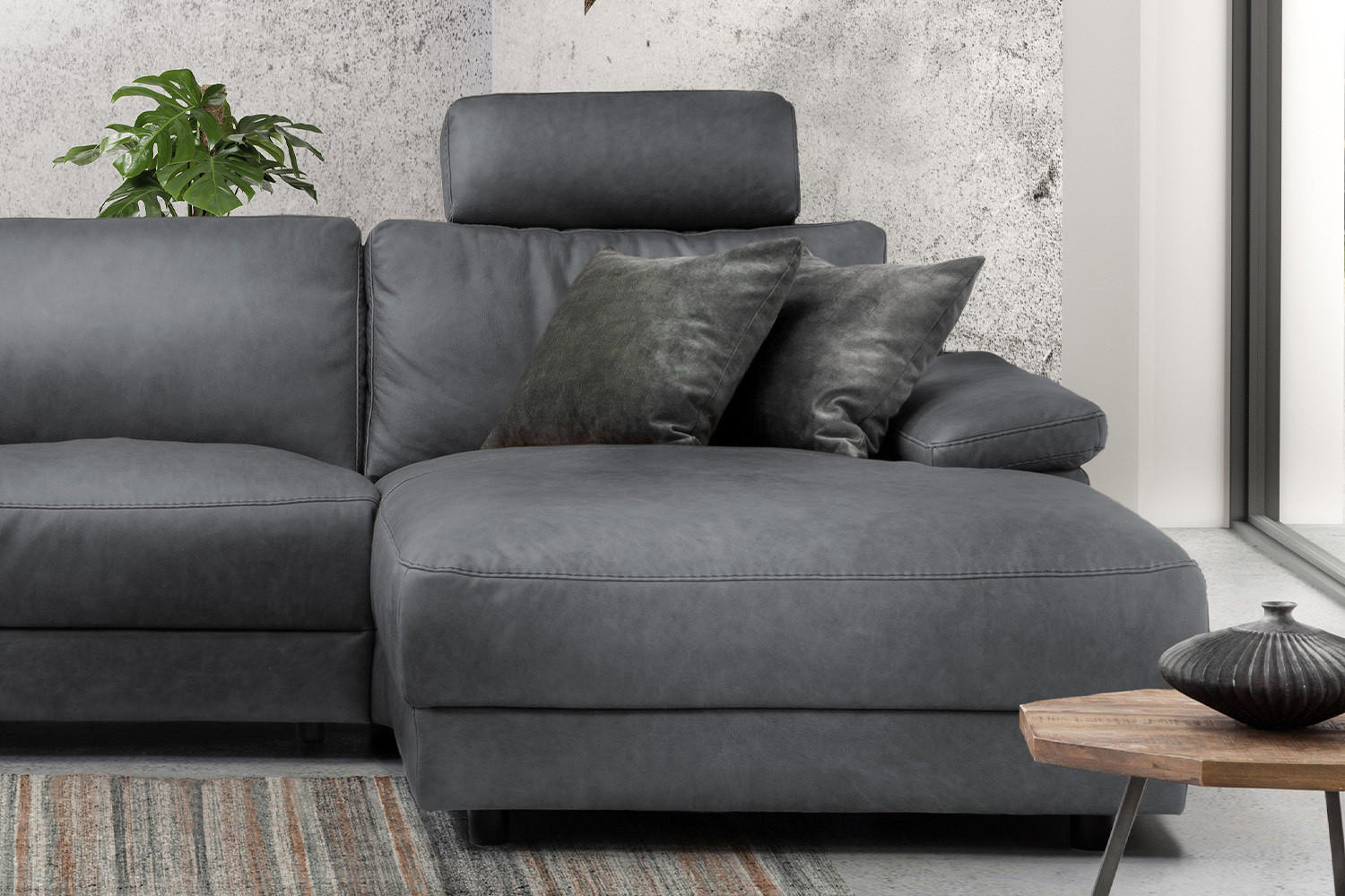 ECKSOFA XL MOTOR. RELAXFUNKTION LOLA Grau Leder - Schwarz/Grau, Leder (304/178cm) - KAWOLA