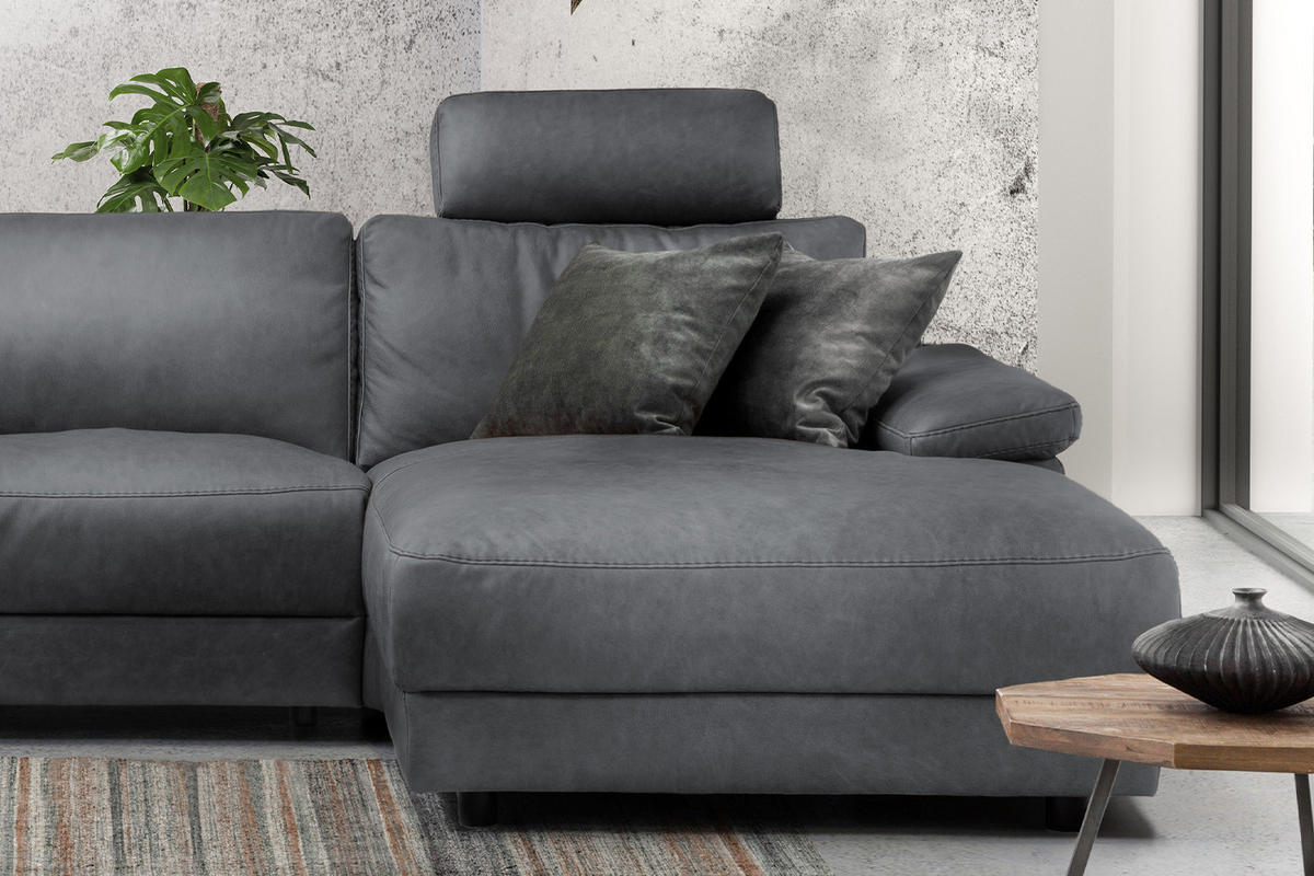 ECKSOFA XL MOTOR. RELAXFUNKTION LOLA Grau Leder - Schwarz/Grau, Leder (304/178cm) - KAWOLA