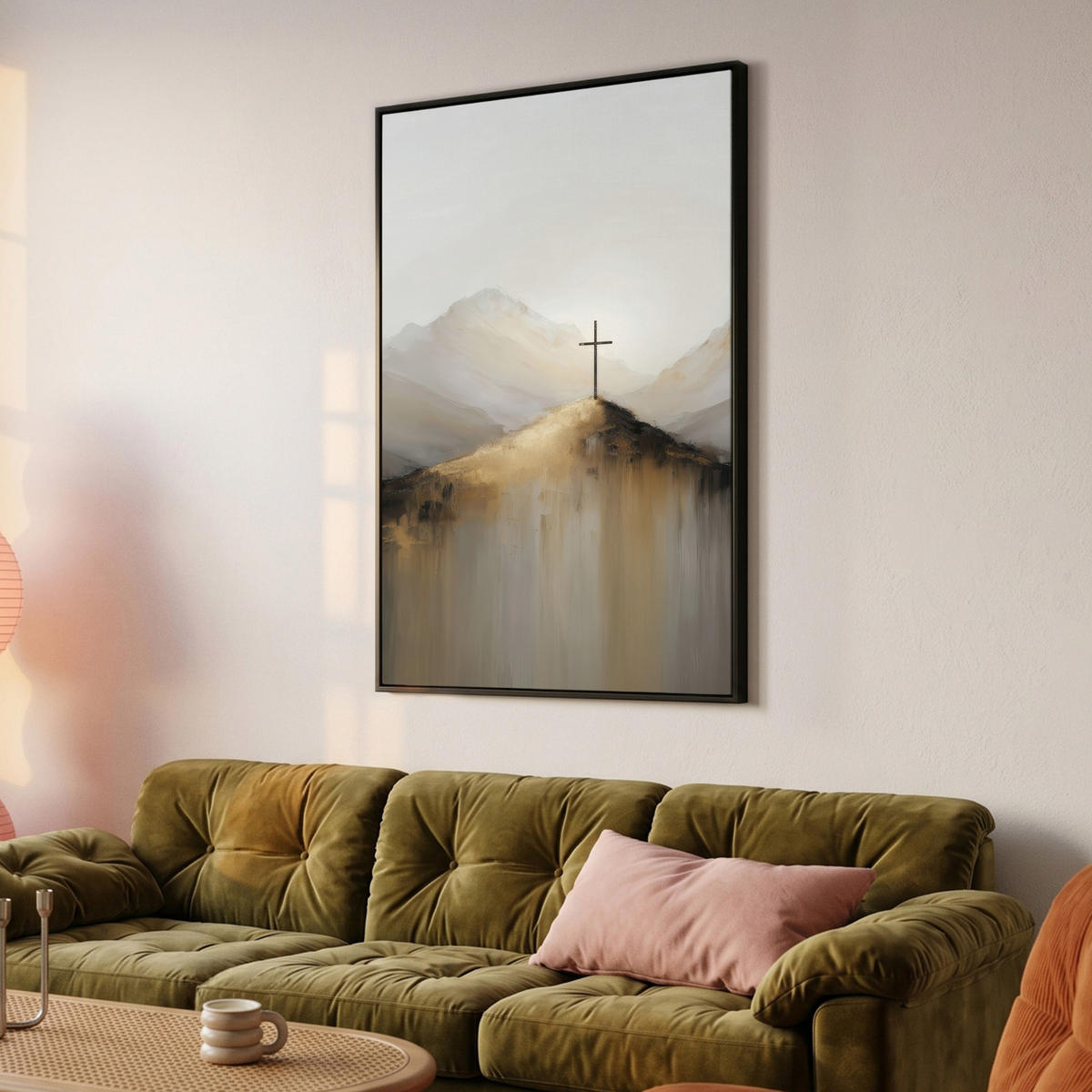 LEINWAND Bilder mit Rahmen - Hügel - Abstrakt - Kreuz - Christentum - 90x140 - Beige, Textil (90/140cm) - MuchoWow