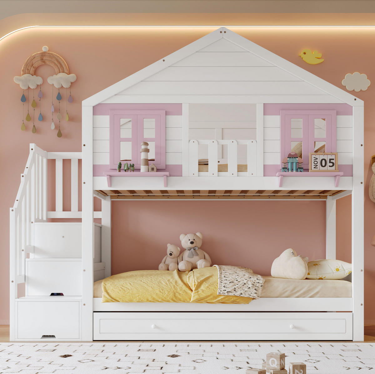 ETAGENBETT mit Rollbett und Stauraum 90x200 cm Weiß-Rosa - Weiß, Holzwerkstoff (90/200cm) - Beauniv