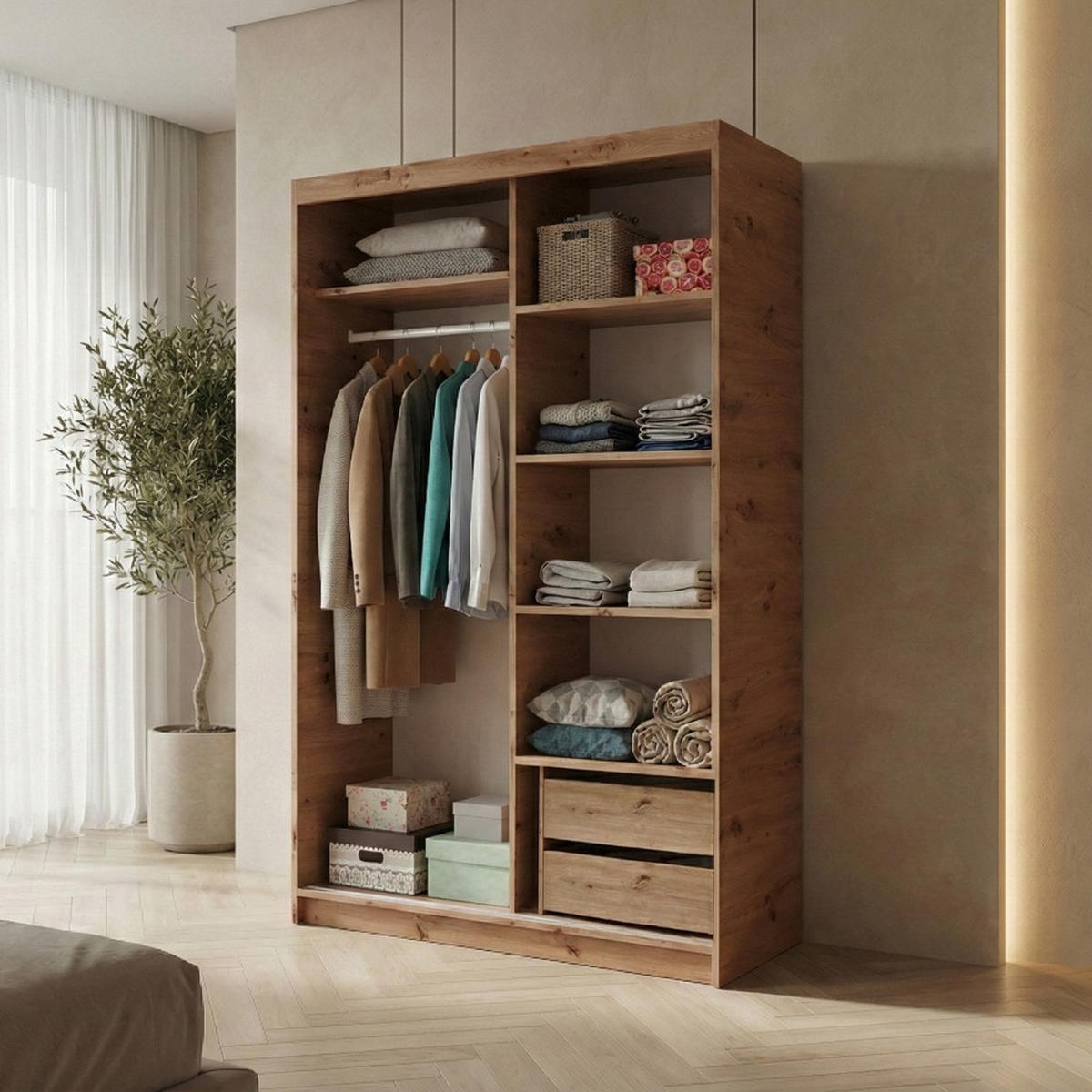 SCHWEBETÜRENSCHRANK Hela 100/205/60 2-türig eiche Artisan mit Schubladen - Eiche Artisan, Holzwerkstoff (100/205/60cm) - Beautysofa