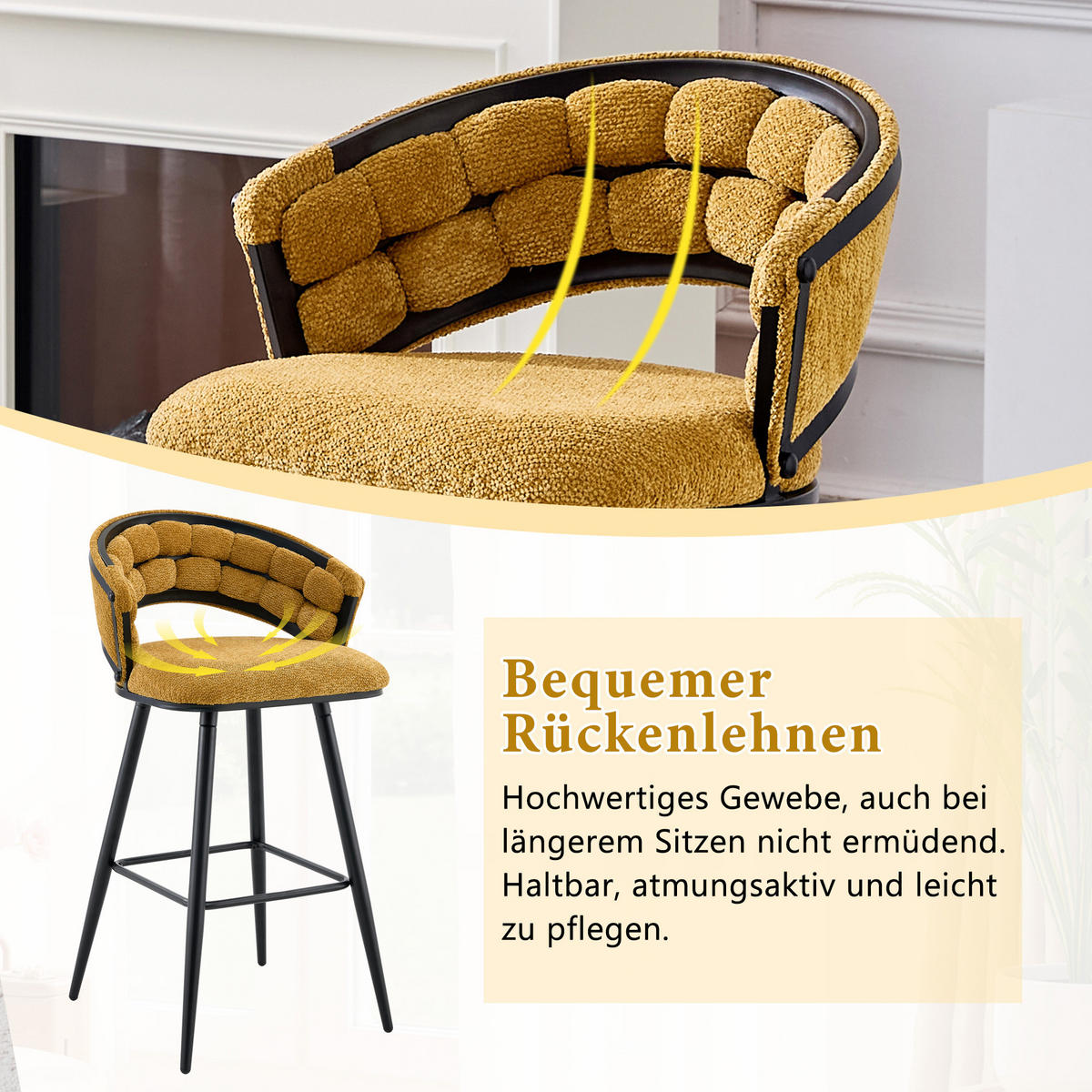 BARHOCKER 2er-Set Gelb mit Samtbezug und schwarzen Eisenbeinen - Gelb, Metall (56/98.5/50.5cm) - PANGIVO