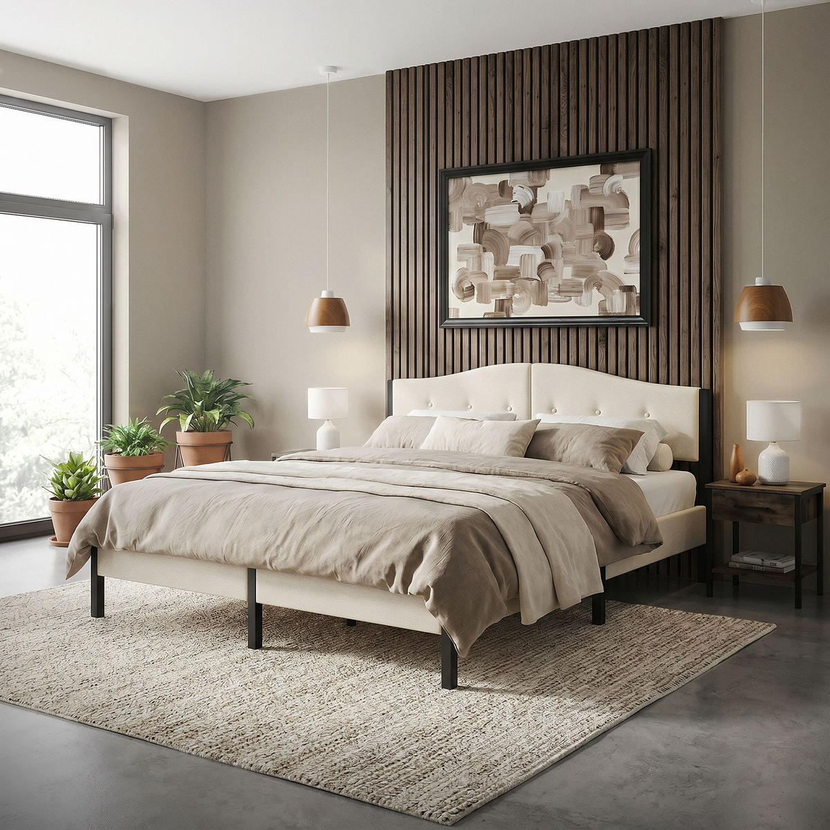 ČALOUNĚNÁ postel 180x200 cm, béžová, s roštem a lněným potahem - béžová, kompozitní dřevo/textil (180/200cm) - ML-DESIGN