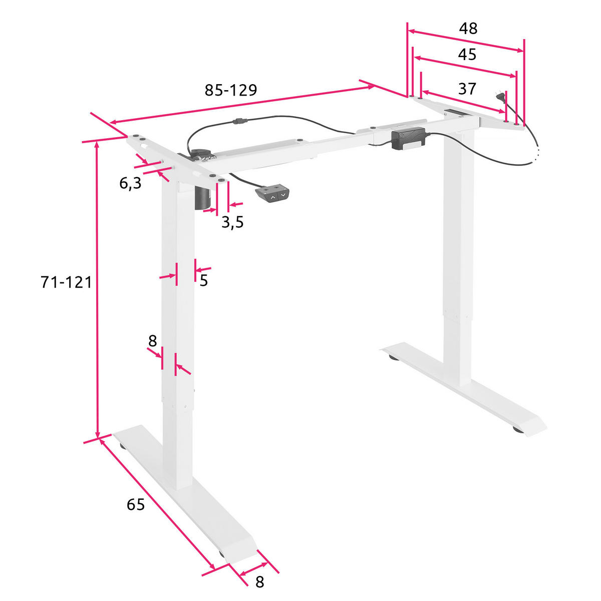 TISCHGESTELL Yannick,85 - 129 x 65 x 71 - 121 cm,weiß - Weiß, Metall (129/65/121cm) - tectake