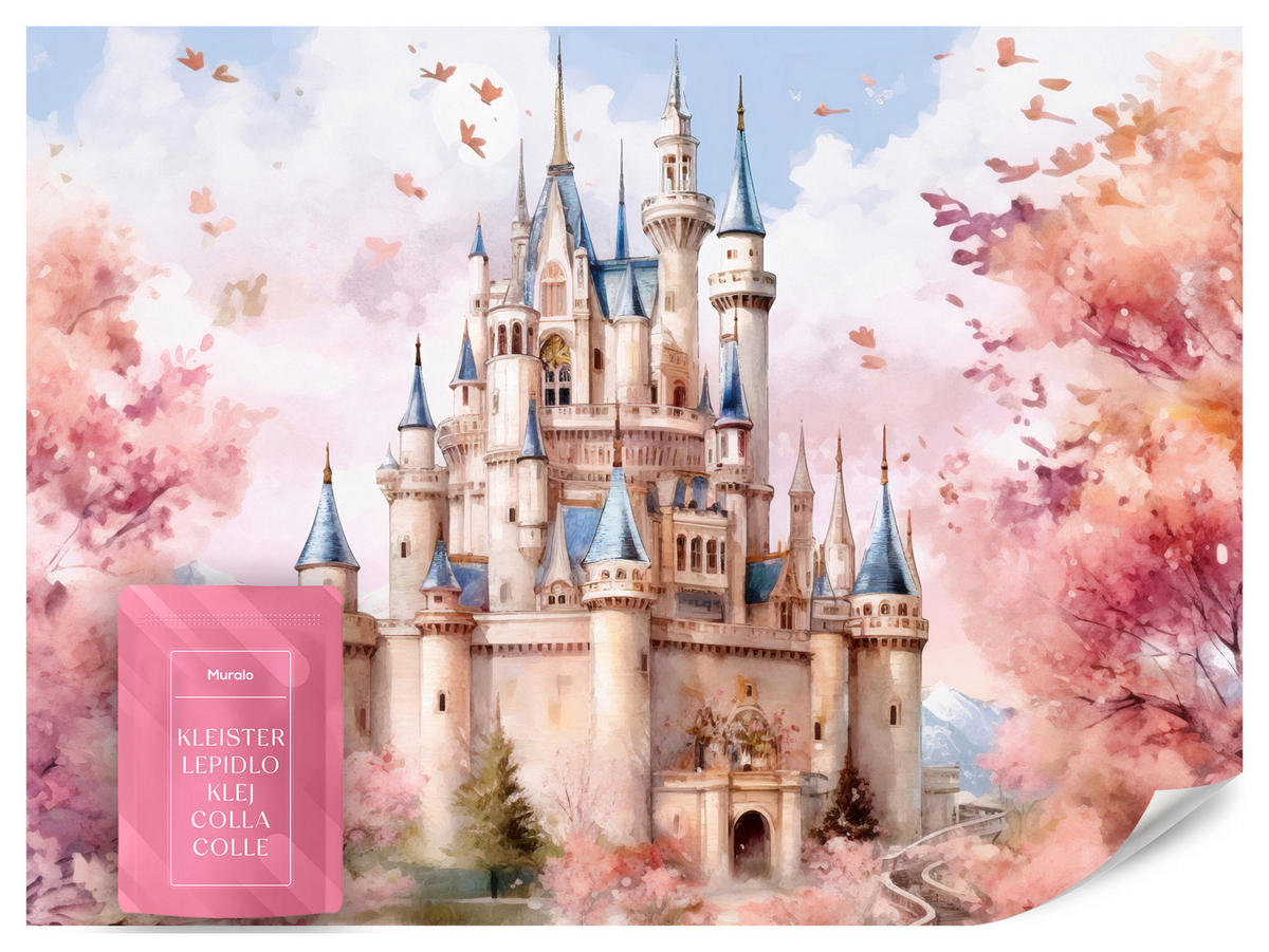 FOTOTAPETE für Kinderzimmer Märchenschloss Aquarell 300x210 - Blau/Violett, Papier (300/210cm) - Muralo
