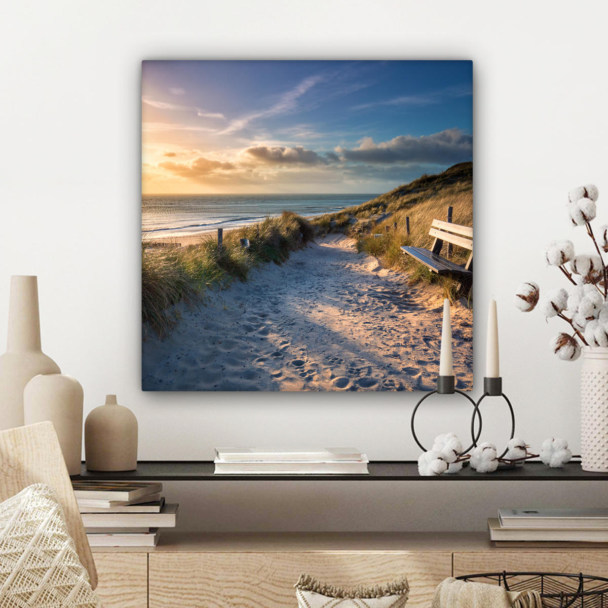 LEINWANDBILD - Sonnenuntergang - Strand - Düne - Gras - Ufer - 50x50 - Room Decor - Sandfarben, Textil (50/50cm) - MuchoWow