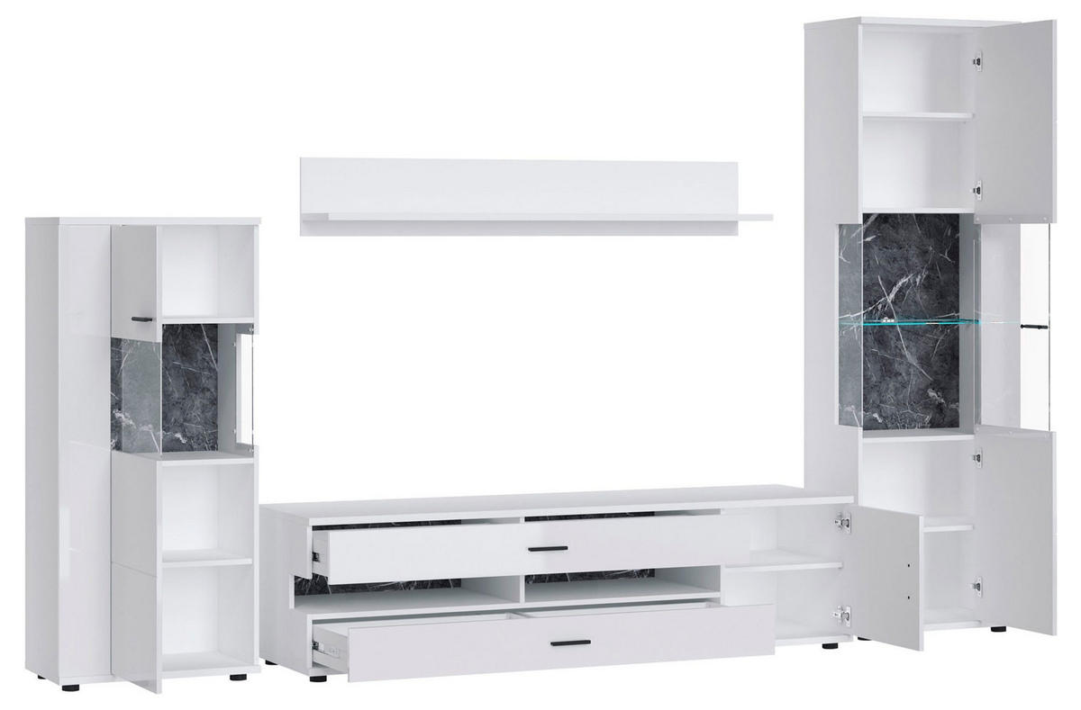 WOHNWAND Henley 4-teilig graphit Grau 300 / 37 - 49,5 / 198cm - Weiß Hochglanz/Weiß, Holz/Holzwerkstoff (300/198/50cm) - Feldmann-Wohnen