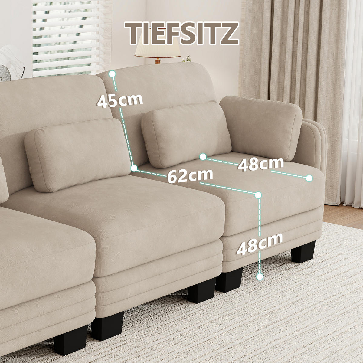 3-SITZER-SOFA Chenille mit Lenden- und Armkissen, DE-42686, Hellbraun - Hellbraun, Holz (253/88/88cm) - ComfortXL