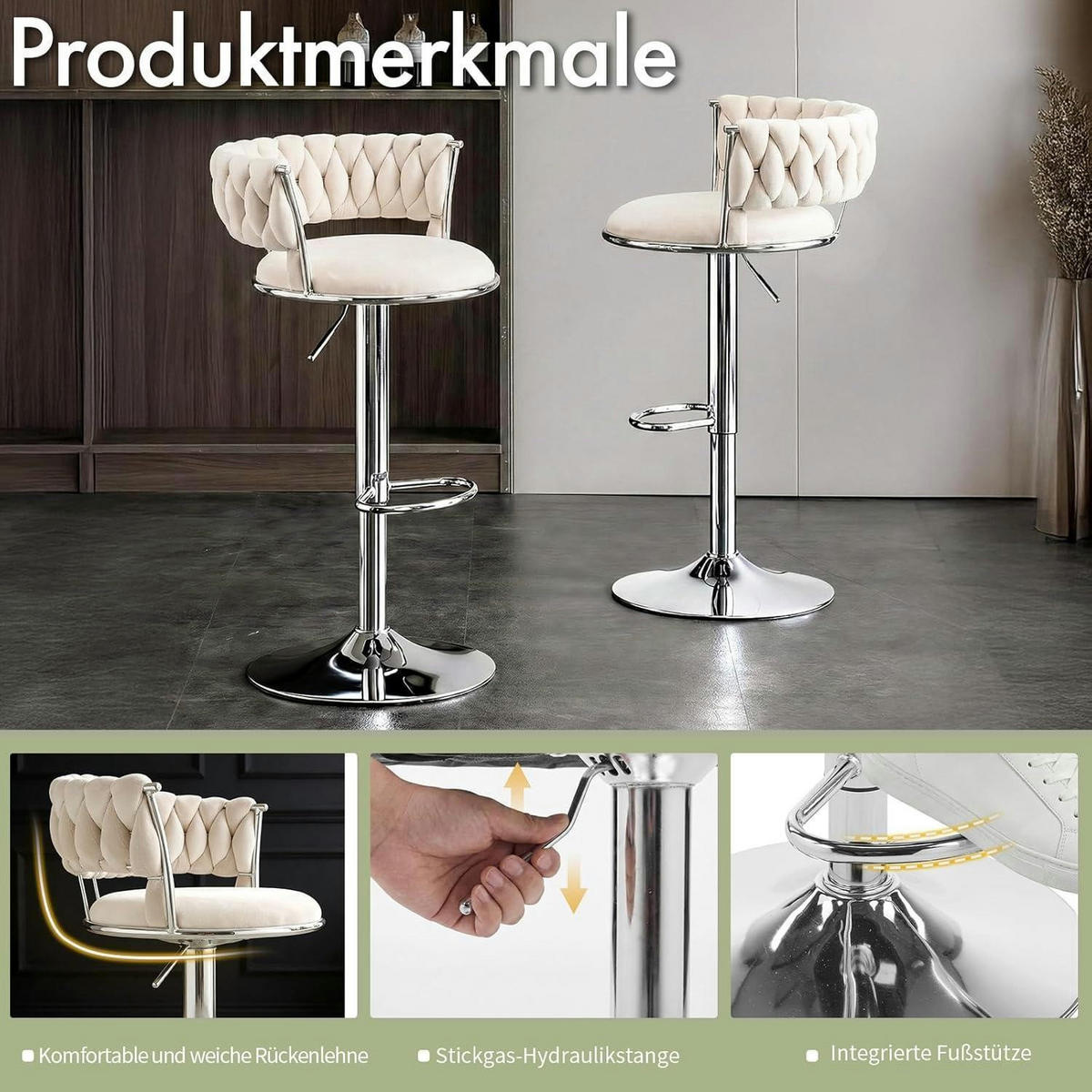 BARHOCKER 2er Set Samt Beigeweiß Höhenverstellbar - Weiß, Textil (48/78/51cm)