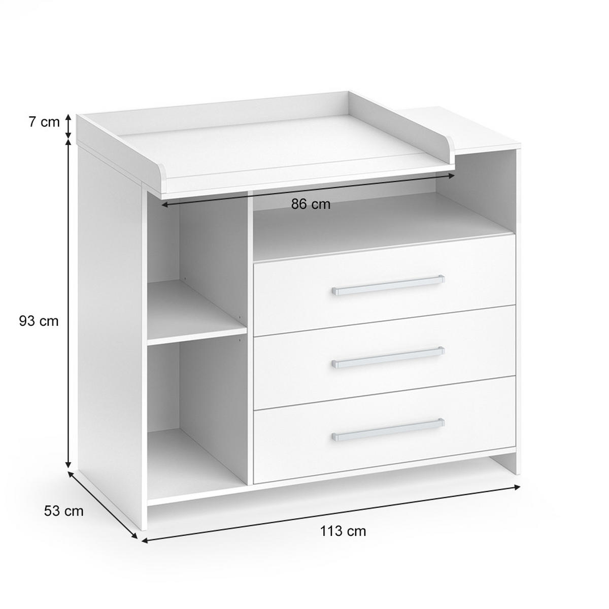 WICKELKOMMODE Oskar Weiß 113 x 100 cm mit 3 großen Schubladen - Weiß, Holzwerkstoff (113/100/53cm) - Vicco