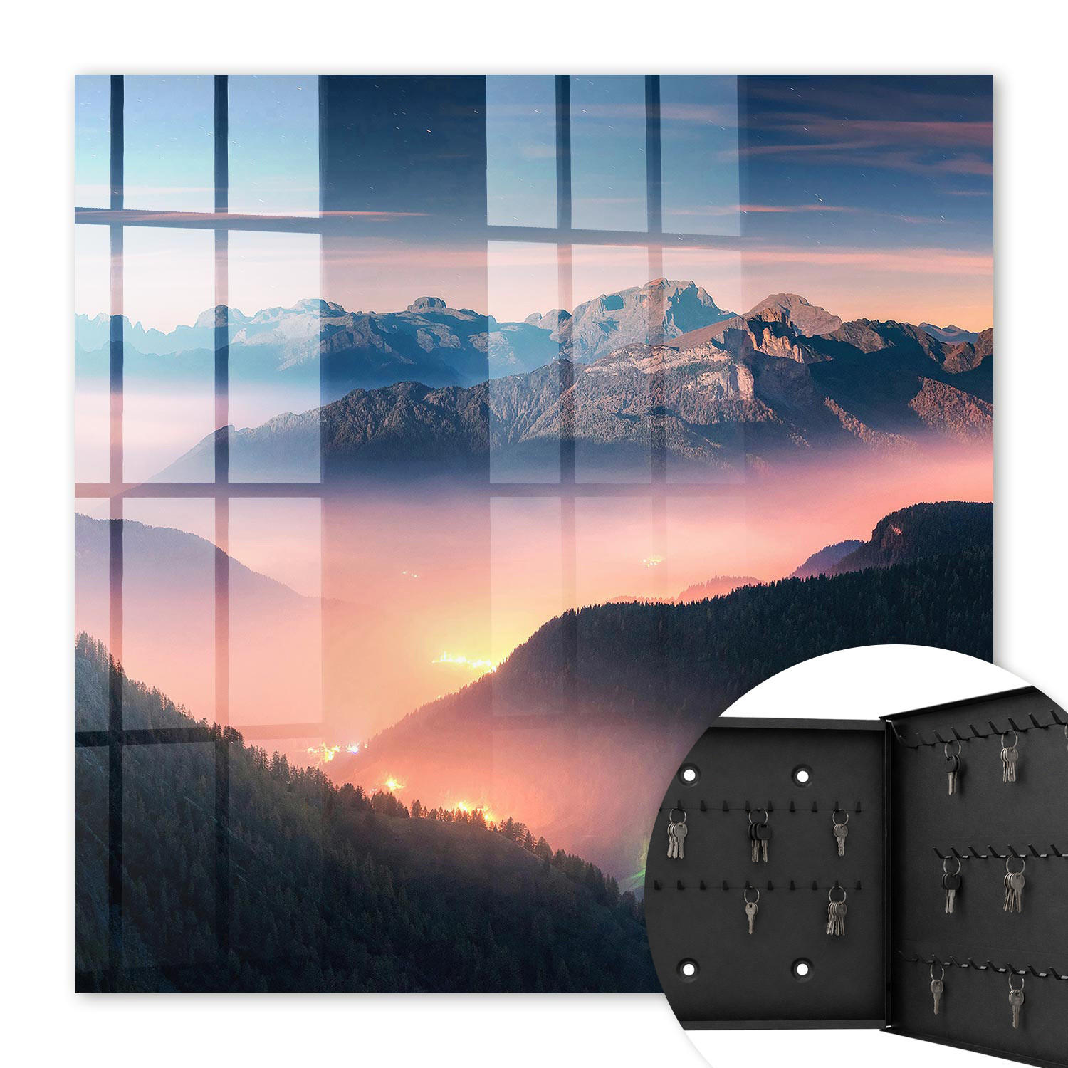 SCHLÜSSELBOX Schwarz 30x30 cm- Türöffnung nach rechts - Bergpanorama - Dunkelblau, Metall (30/30/5cm) - TULUP