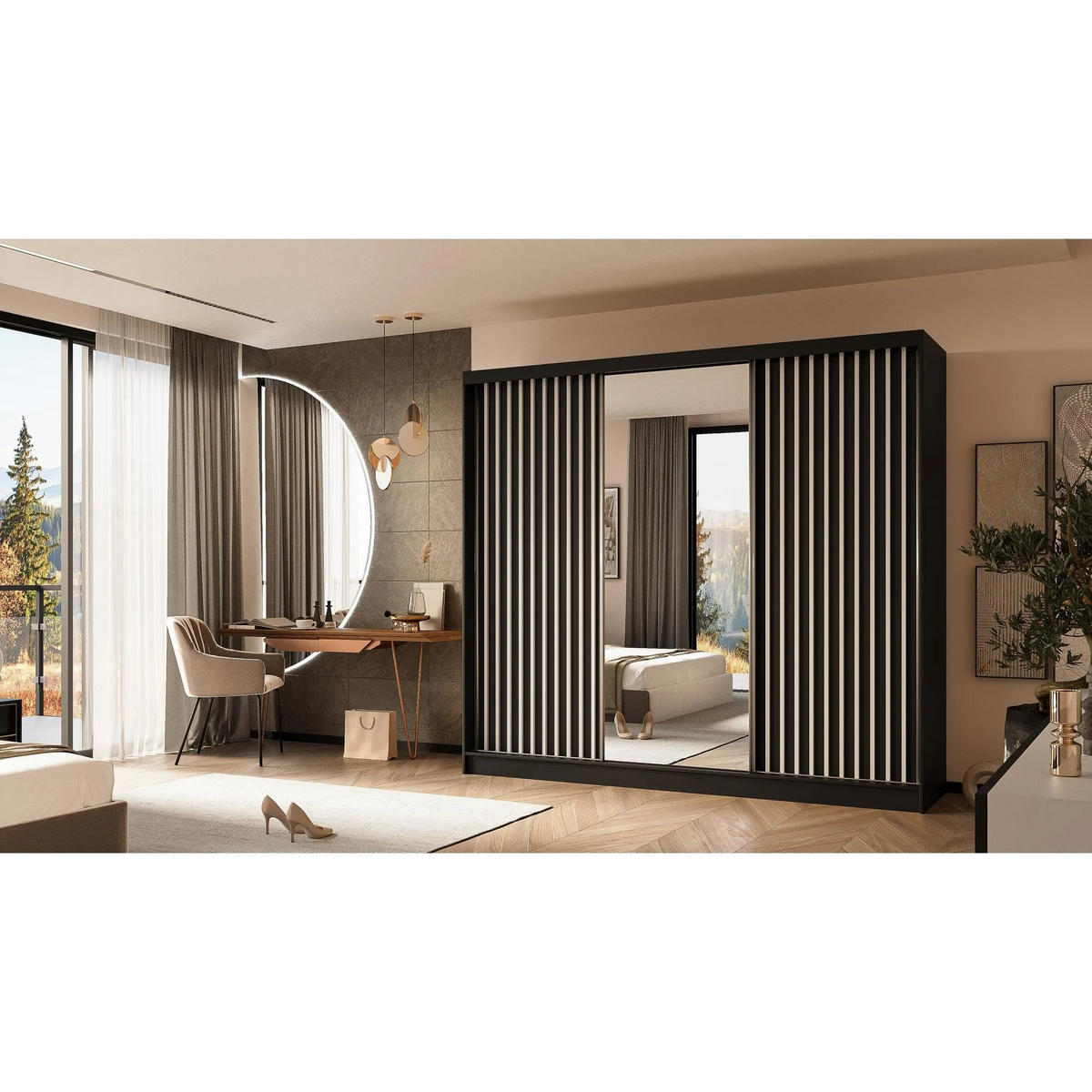 SCHWEBETÜRENSCHRANK Helix 240/216/61 schwarz+weiß - Schwarz/Weiß, Holzwerkstoff (240/216/61cm) - Beautysofa