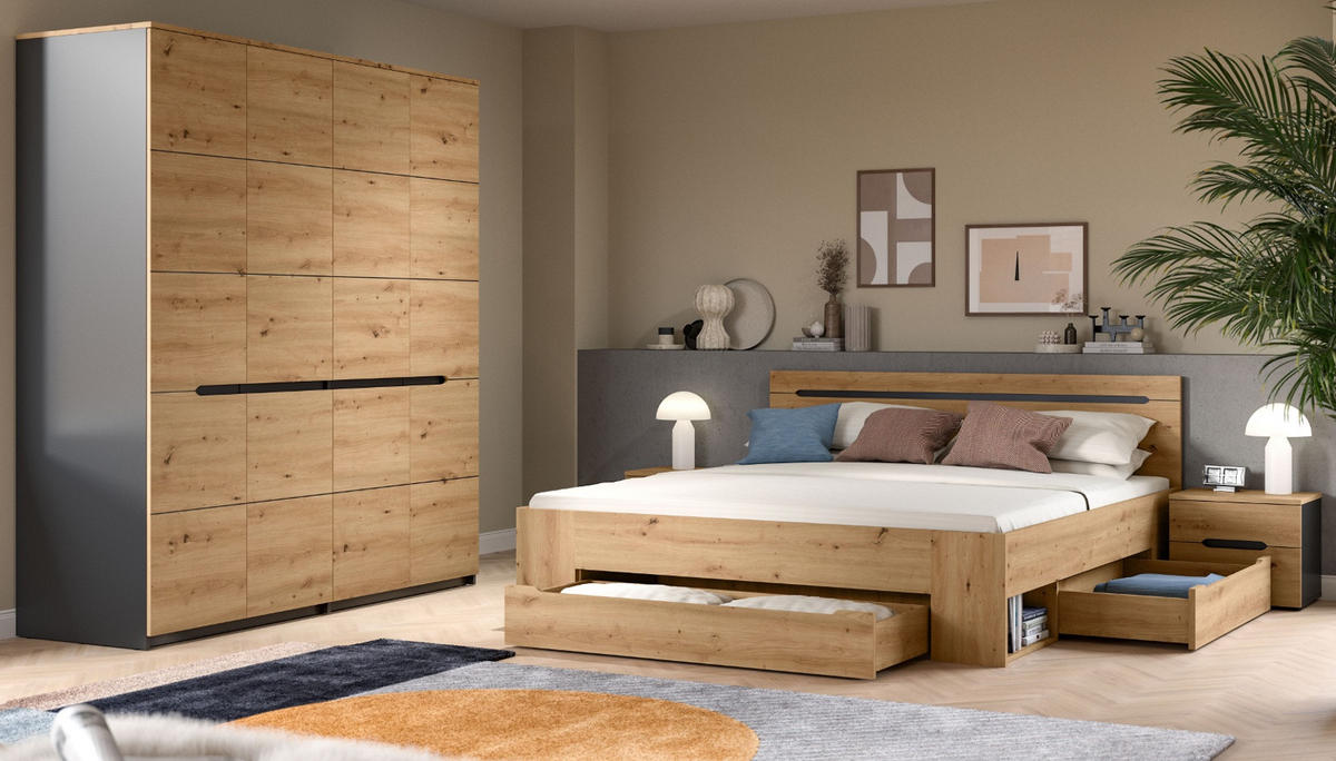 SCHLAFZIMMER Set 4-teilig Eiche Artisan, grau, Komplettset mit großem Kleiderschrank - Eiche Artisan/Grau, Holzwerkstoff/Metall - Inn.Furn