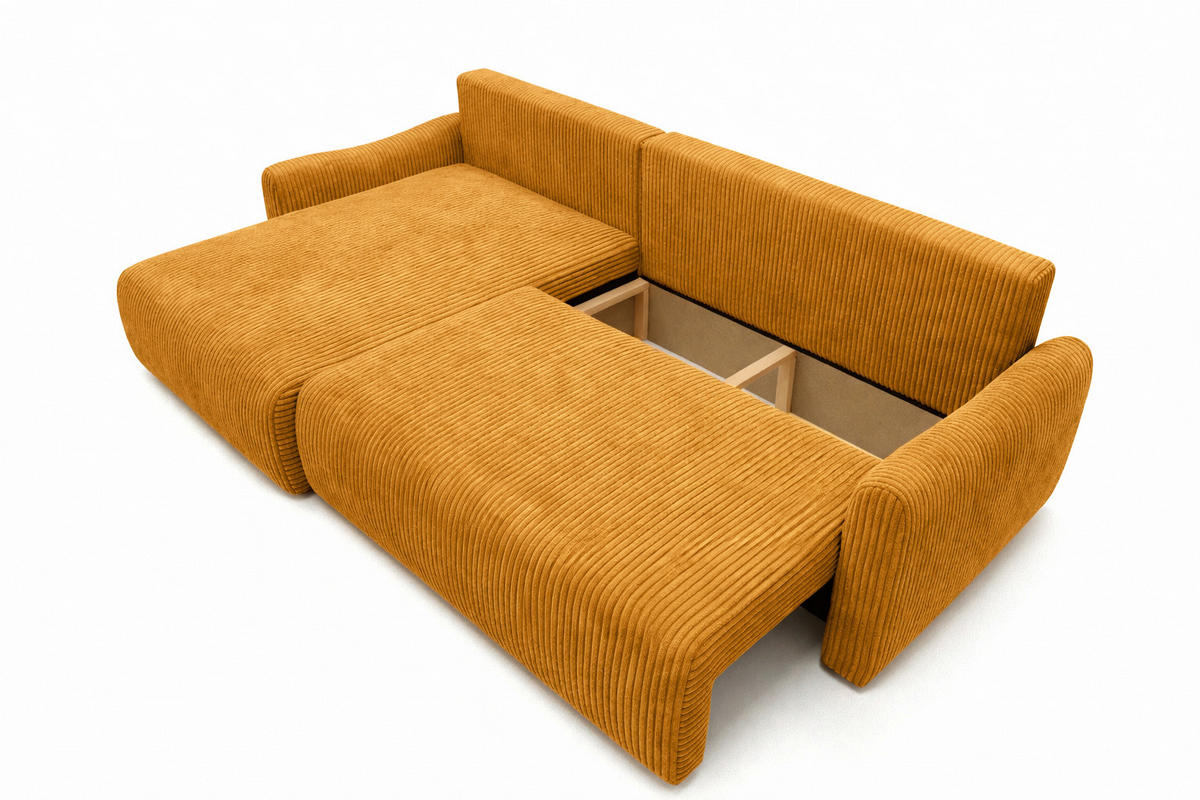 ECKSOFA Mit Schlaffunktion, Cordstoff Poso, Senffarbe, Links, JAPANDI - Gelb, Holz (262/145cm) - Kaiser Möbel