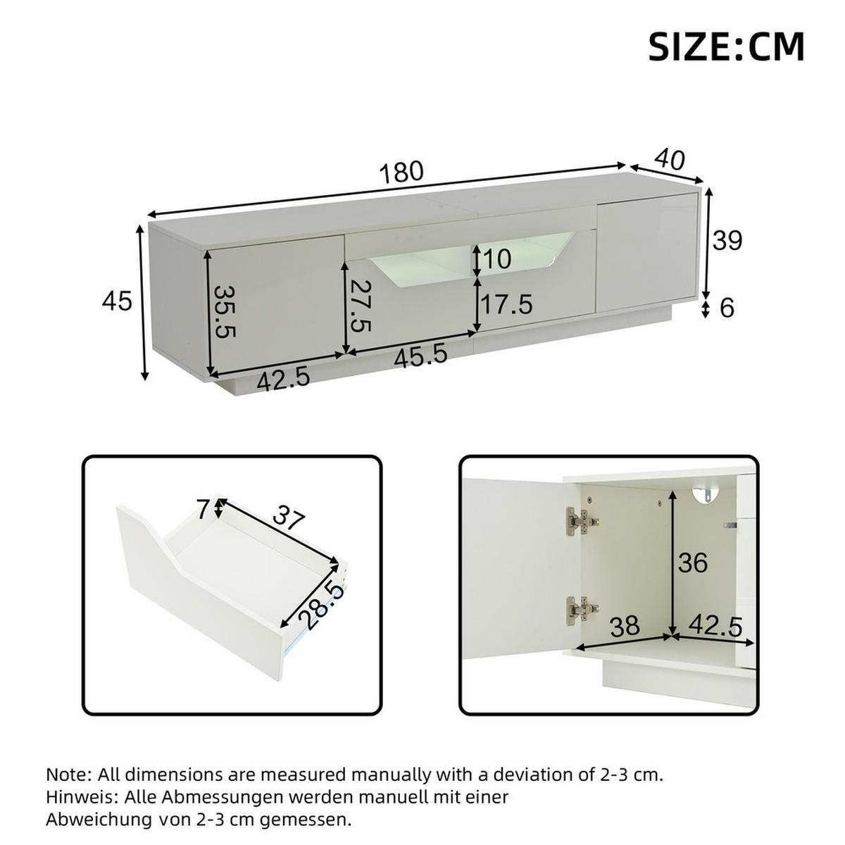 TV-SCHRANK 180x40cm Lowboard Hochglanz 2 Schubladen 2 Schränke LED Weiß - Weiß, Holz (48.79/26.19/65cm) - FLIEKS