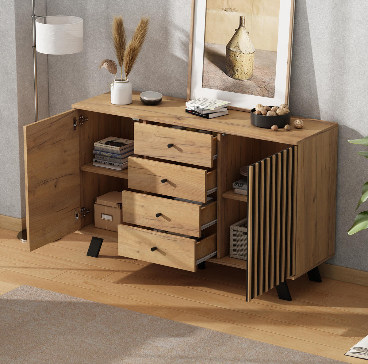 SIDEBOARD aus MDF 120x38x75 cm Schwarz/Natur mit 4 Schubladen, 2 Schränken und Massivholzbeinen - Schwarz, Holzwerkstoff (120/75/38cm) - Modfu