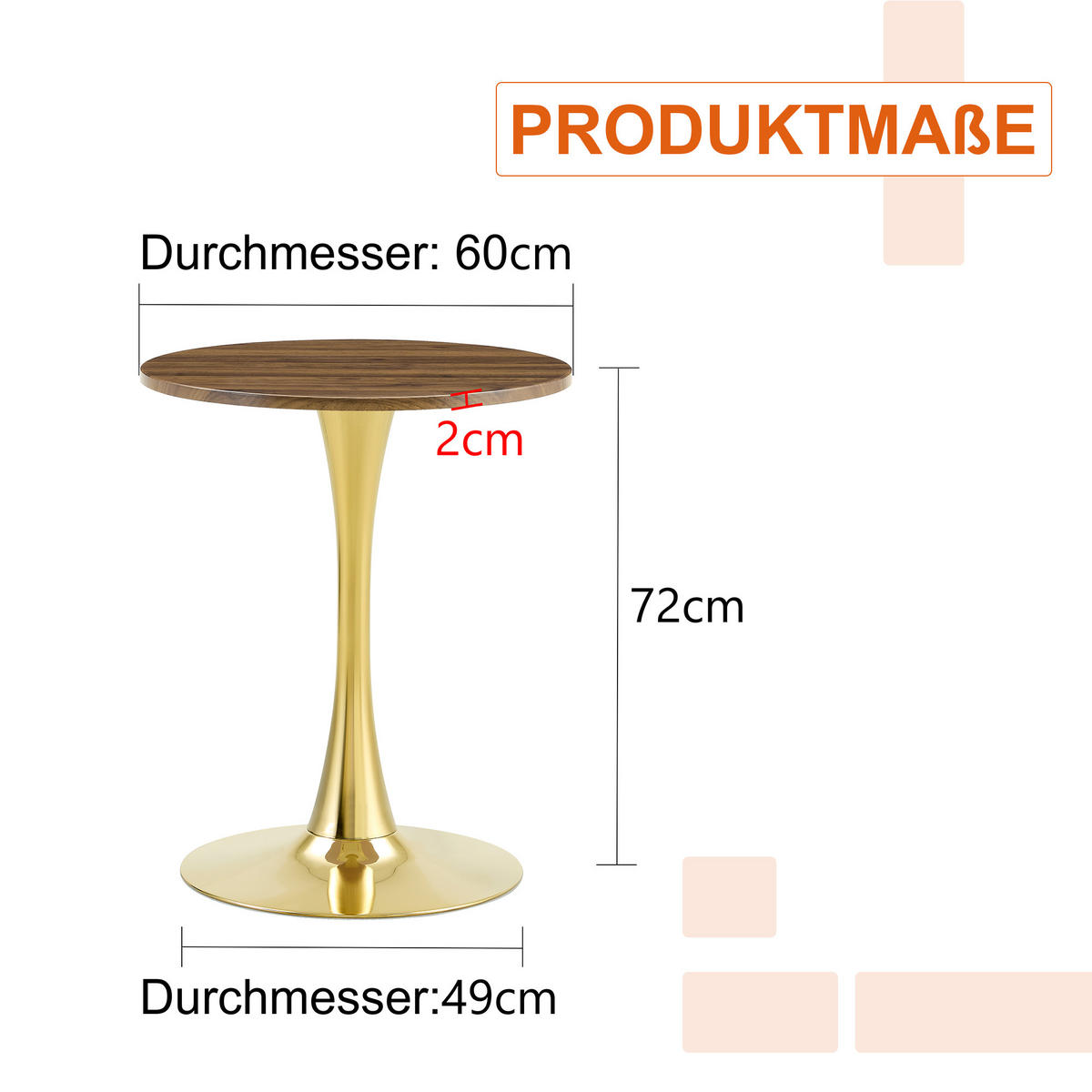 BEISTELLTISCH 60/60/72 cm goldfarben/walnuss aus MDF und Metall mit runder Tischplatte - Goldfarben, Holzwerkstoff (60/60/72cm) - OKWISH