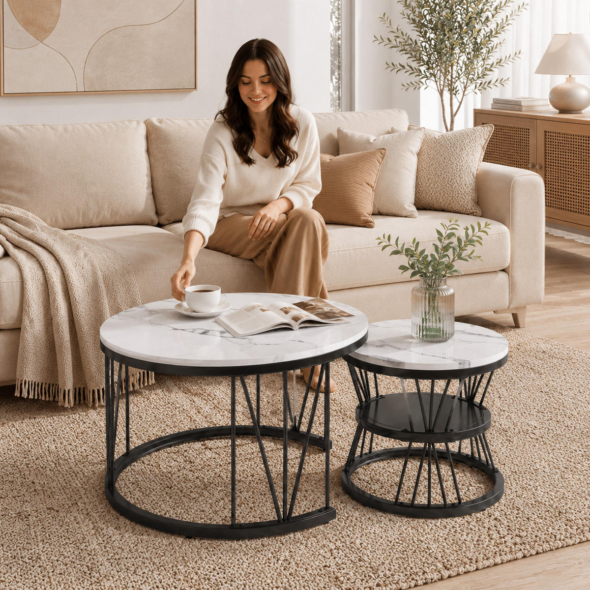 COUCHTISCH-SET mit geometrischem Metallrahmen, elegantes Design, doppelschichtig - Schwarz, Metall (70/70/45cm) - Joyfair
