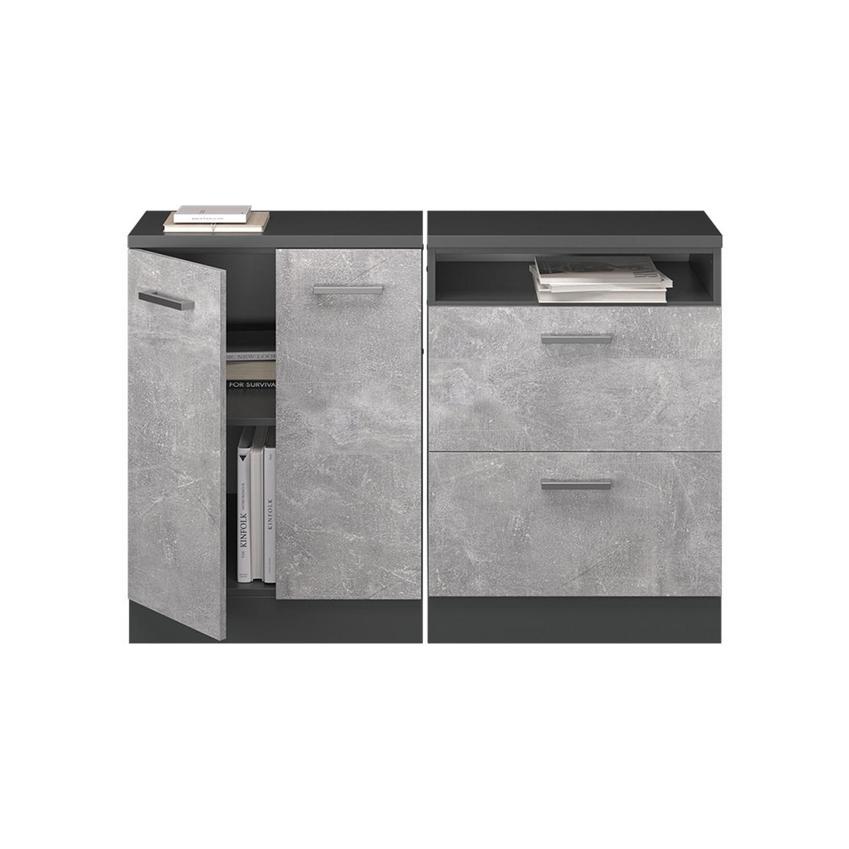 KUHINJSKI ORMAR ZA KOSINE KROVA R-Line Beton 120 cm Set od 2 korpusa ormara, dubina 60 cm - siva/antracit, drvni materijal (120/83.8/60cm) - Vicco