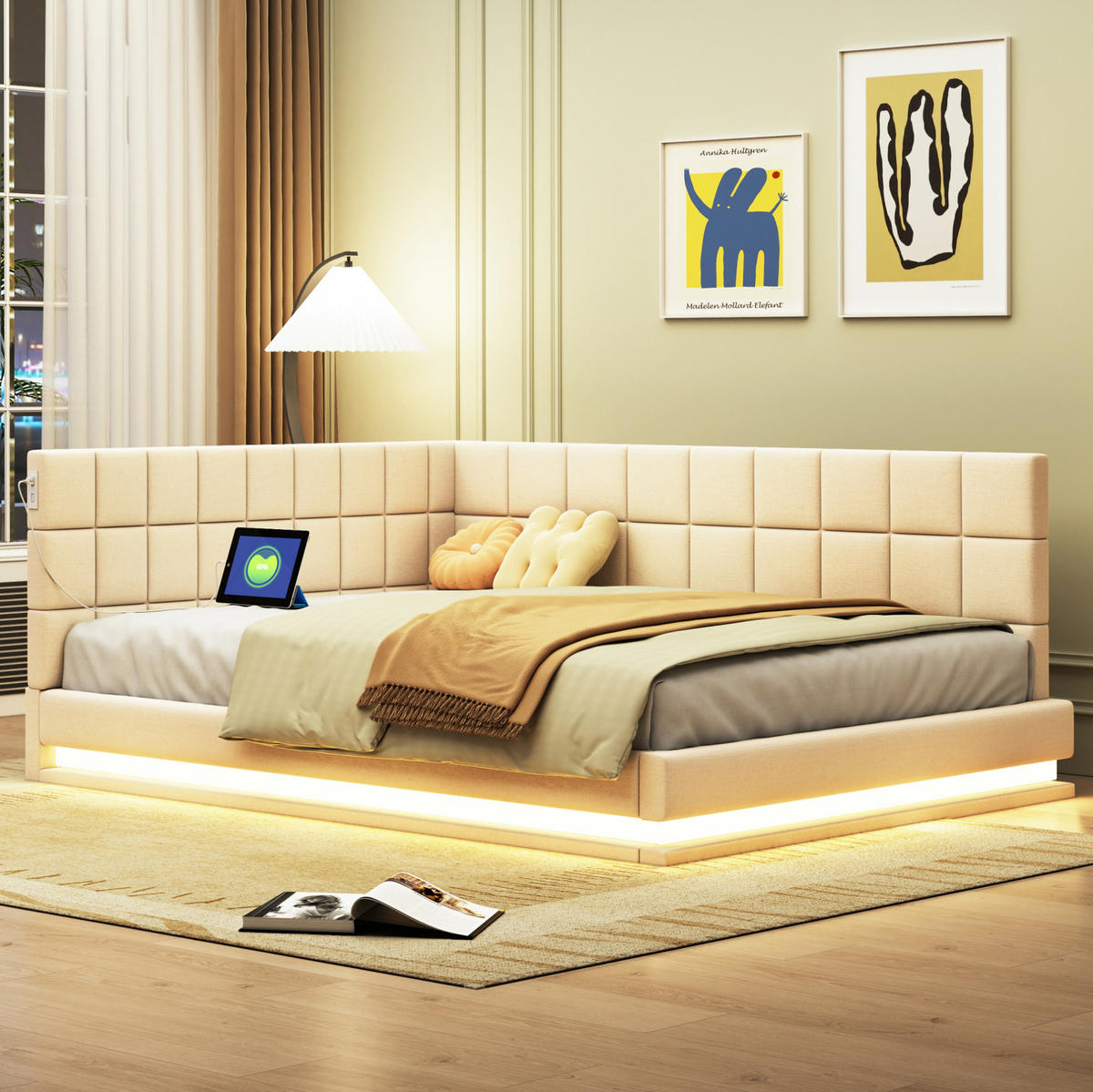 ČALÚNENÁ posteľ 140/200 cm s LED osvetlením, USB zásuvkou a roštom, Béžová - béžová, koža (140/200cm) - Redom