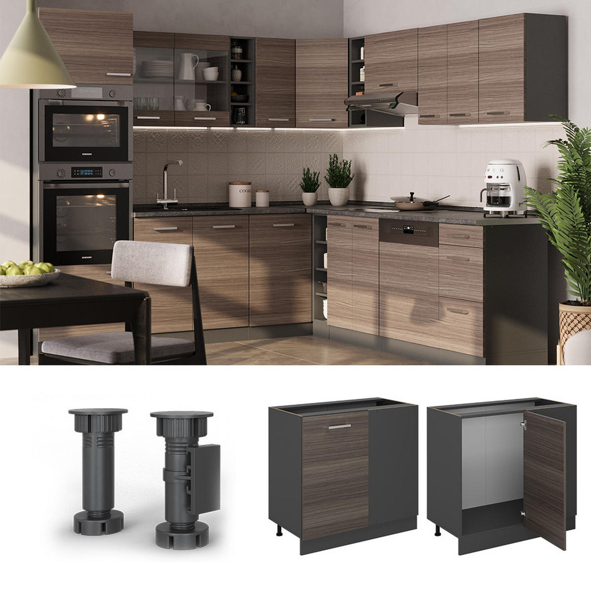 ECKUNTERSCHRANK R-Line Edelgrau 86 cm , AP Anthrazit - Anthrazit/Braun, Holzwerkstoff (86/81.6/60cm) - Vicco