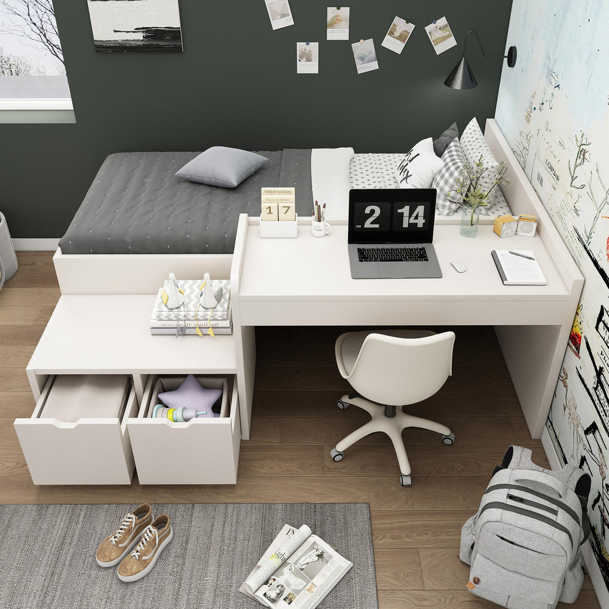 KINDERBETT aus Kiefer-Massivholz und MDF 90x200 cm Weiß mit Schreibtisch und 2 Schubladen - Weiß, Holzwerkstoff (90/200cm) - IVMEU