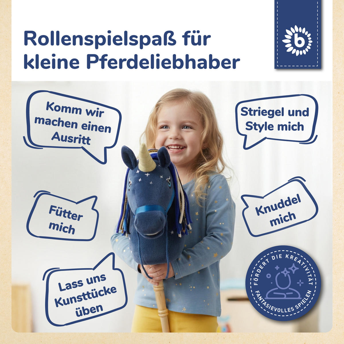 STECKENPFERD Einhorn Luna aus Holz - Blau, Textil (33/92cm) - Bieco Spielwaren
