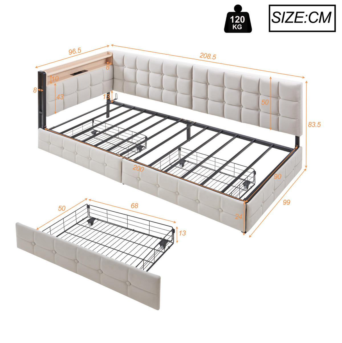 POLSTERBETT aus Samt 90x200 cm Beige mit 2 Schubladen, LED-Lichtleiste, USB- und Typ-C-Anschluss - Beige, Textil (90/200cm) - Modfu