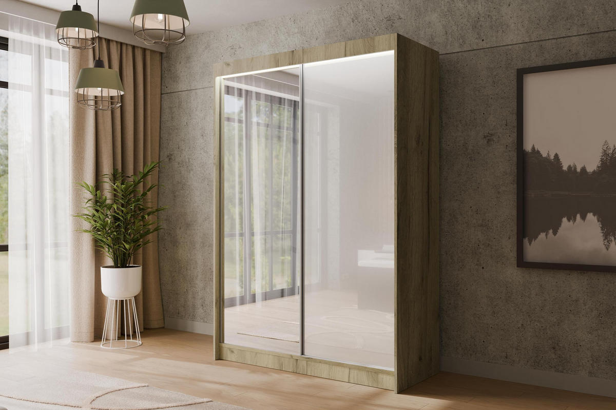 KLEIDERSCHRANK VESLI mit LED - 120 cm - Braun|Weiß - Braun/Weiß, Holzwerkstoff (120/215/61cm) - ALTDECOR