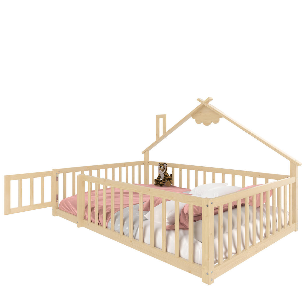 KINDERBETT 140/190 cm aus Kiefern mit Hausrahmen, Schutzgeländer und Verschluss, Natur - Naturfarben, Holzwerkstoff (140/190cm) - Redom