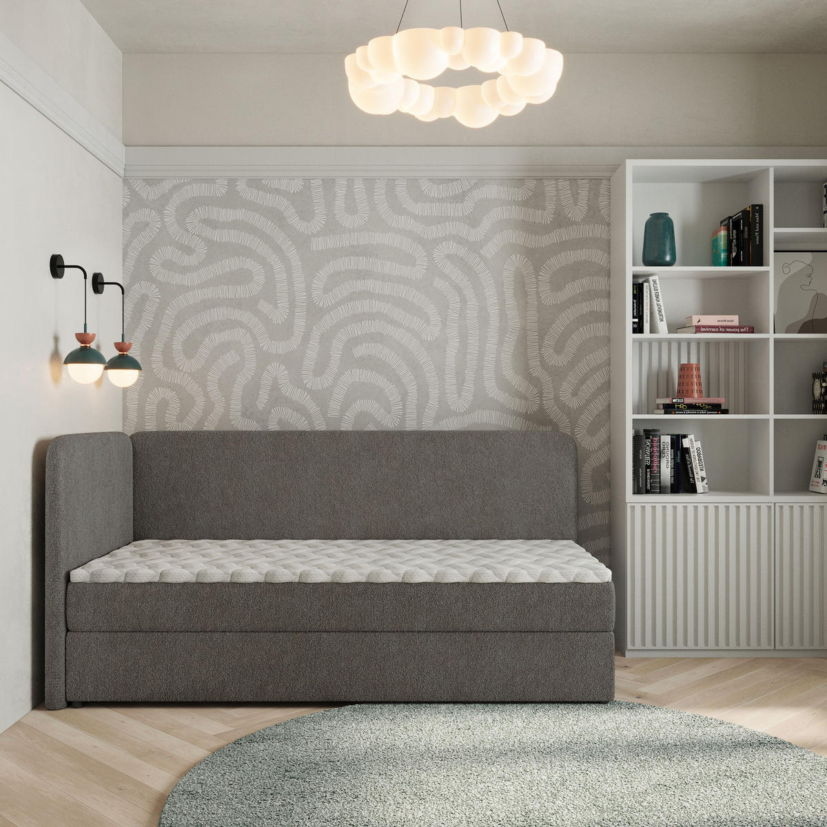 BOXBETT GINA 100x200 cm mit Matratze und Topper, H2+H3 - Grau - Grau, Holz (100/200cm) - MASSENO