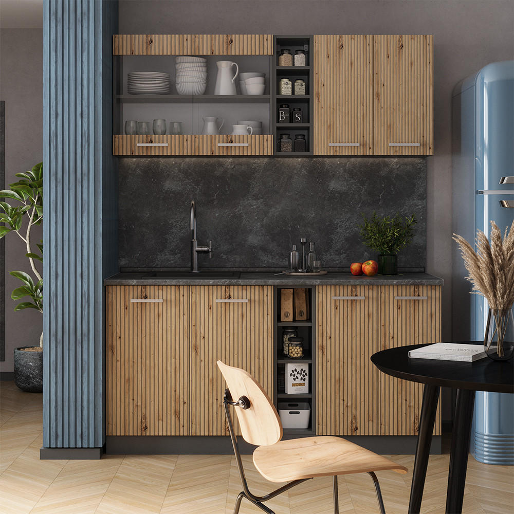 SINGLEKÜCHE R-Line Artisan Eiche/Anthrazit 160 cm, AP Marmor - Anthrazit/Eiche Artisan, Holzwerkstoff (160/81.6/60cm) - Vicco