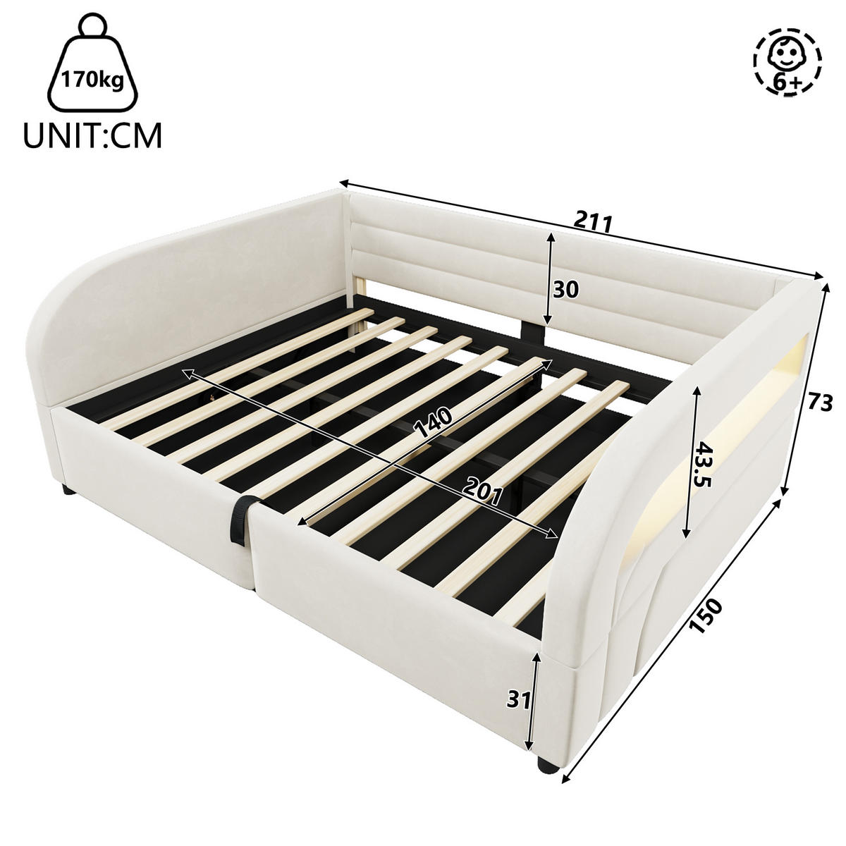 BETT mit Stauraum und LED 140x200 cm Flanell White - Weiß, Metall (140/200cm) - Meubliv