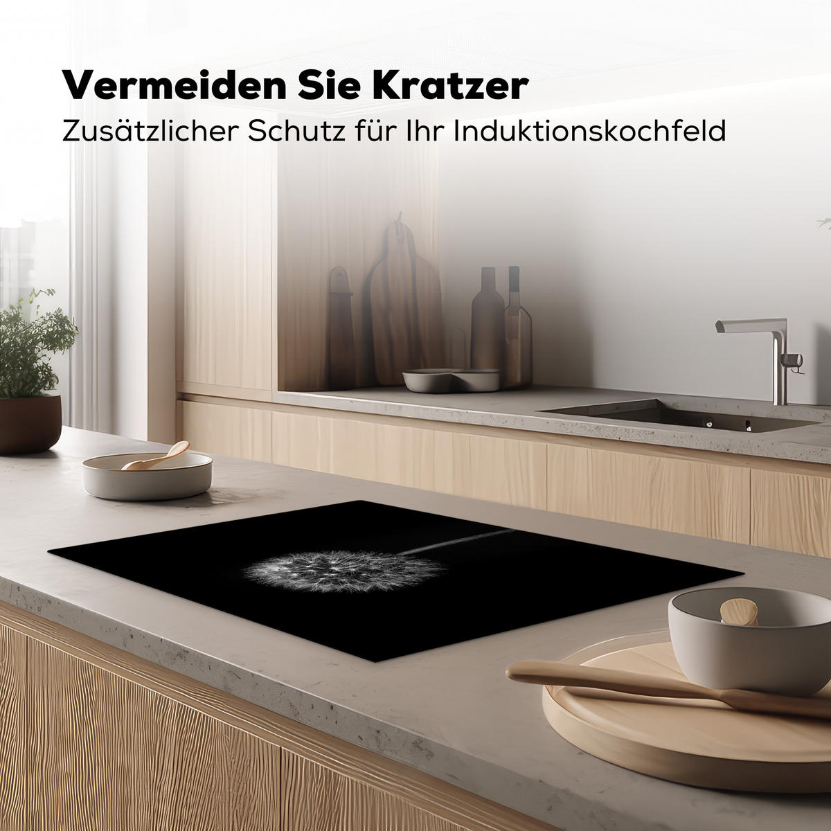 HERDABDECKPLATTE Löwenzahn - Schwarz - Floral - Botanisch Herdabdeckung Induktionsfeld 75x52 cm - Grau, Kunststoff (75/52/0.2cm) - MuchoWow