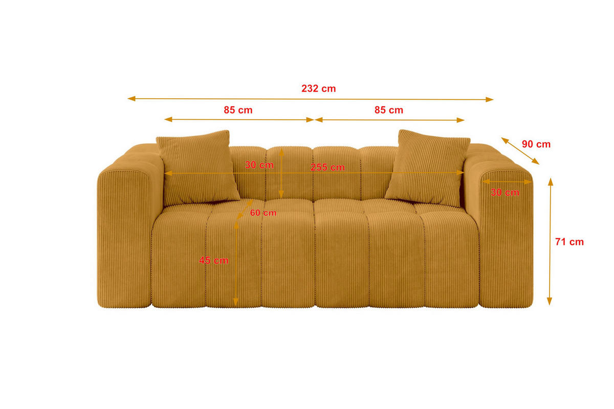 SOFA 2-Sitzer DONY-2 232x90x71 cm Senfgelb Cord - Currygelb/Dunkelgelb, Holzwerkstoff/Kunststoff (232/71/90cm) - ALTDECOR