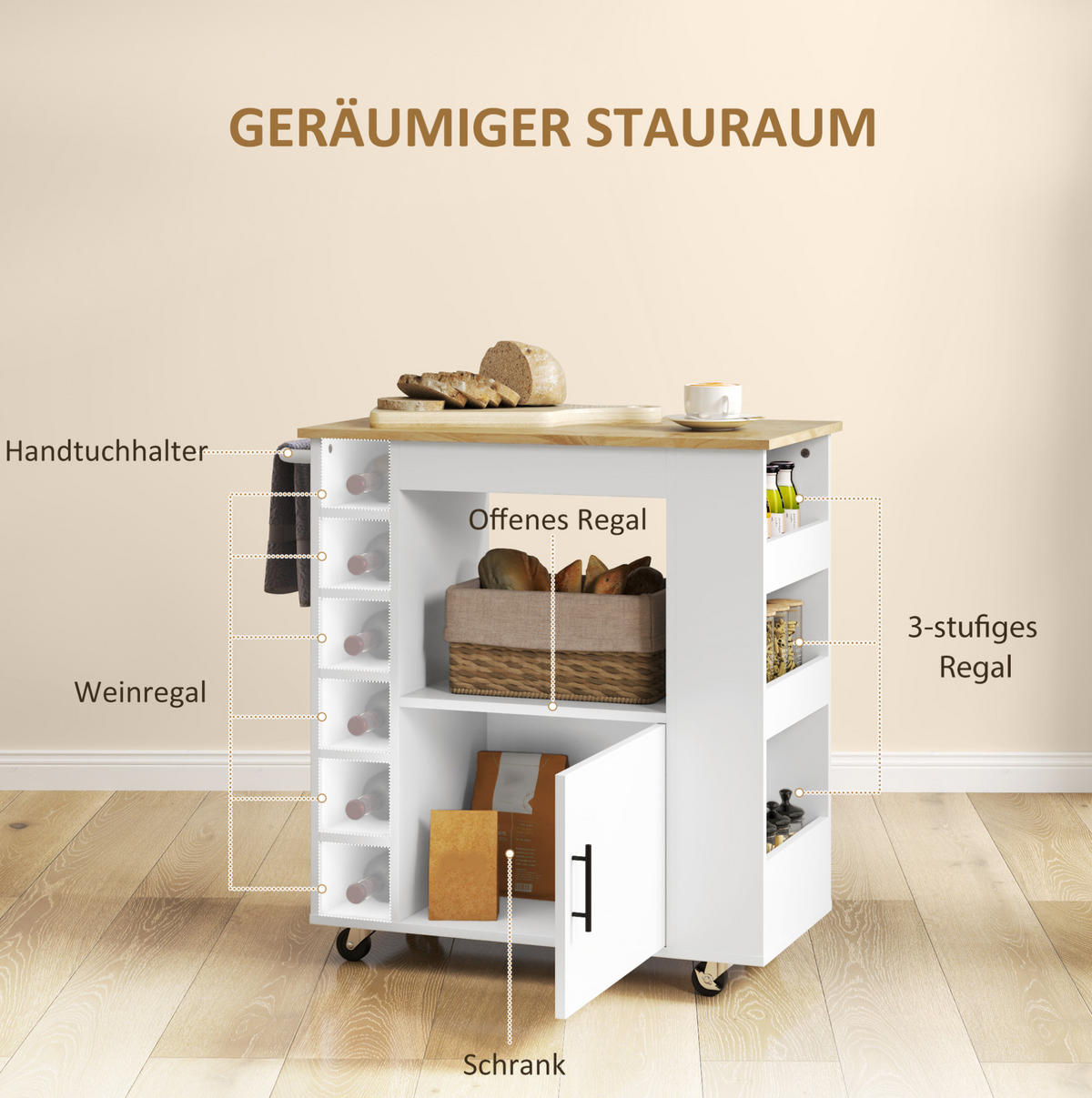 KÜCHENINSEL 83/40/83 cm Eiche aus Sperrholz mit Rollen - Weiß, Holzwerkstoff (40/83/83cm) - OKMYHOME