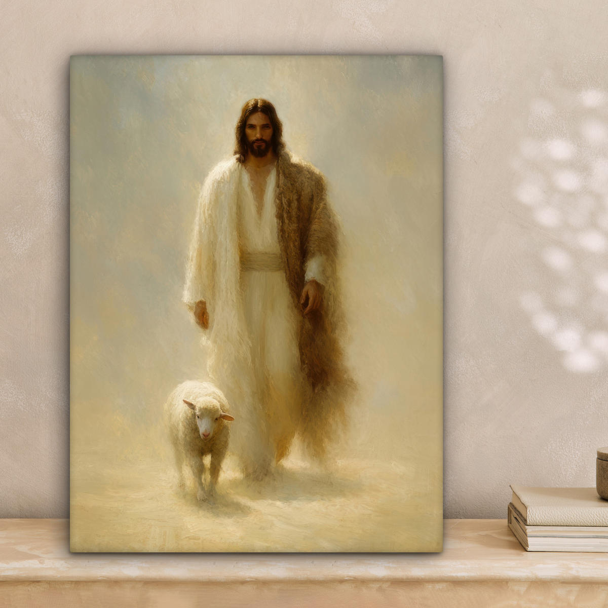 LEINWANDBILD Schaf - Jesus - Pinselstriche - Abstrakt Room Decor 30x40 cm - Sandfarben, Textil (30/40cm) - MuchoWow