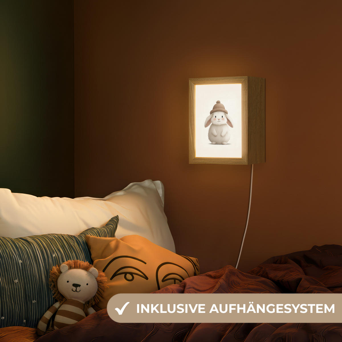 NACHTTISCHLAMPE Kaninchen - Hut - Ohren - Beige 15x20 cm - Creme, Holzwerkstoff (8/15/20cm)