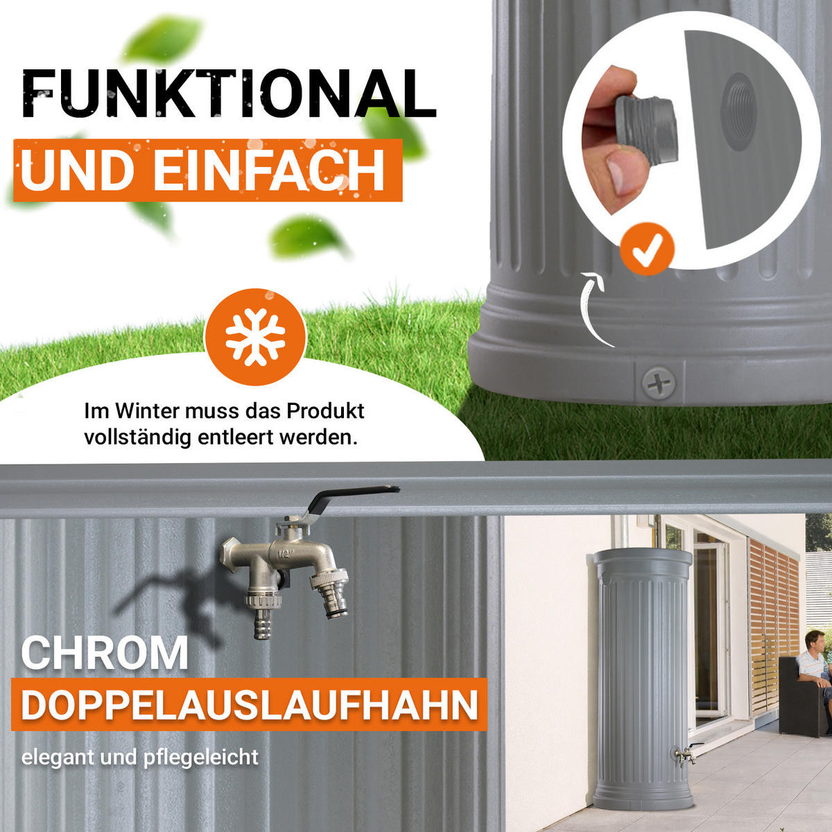SÄULENTANK Komplett-Set 330 L, steingrau inkl. Chrom-Doppelauslaufhahn und Fallrohranschluss - Grau, Kunststoff (59/161/80cm) - GARANTIA