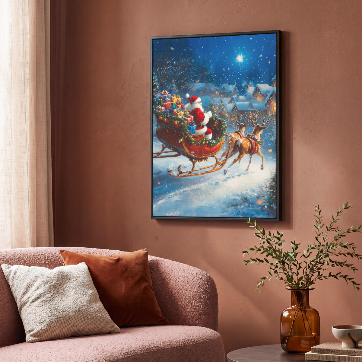 LEINWAND Bilder mit Rahmen - Weihnachtsmann - Rentier - Weihnachten - Schnee - 70x100 - Cognac, Textil (70/100cm) - MuchoWow